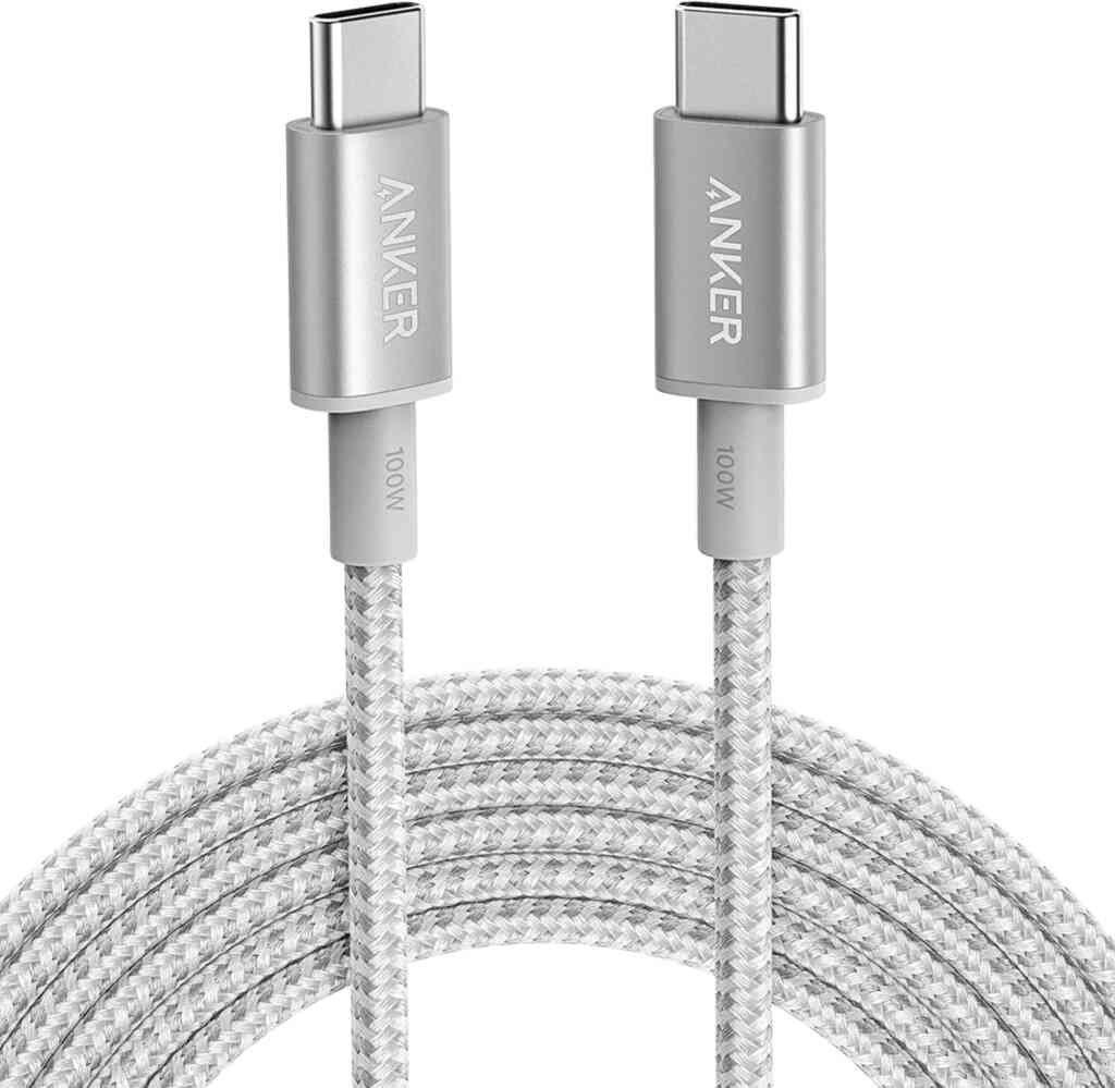 Anker USB-C to USB-C braided fast-charging cable, 100W, silver color, durable nylon design