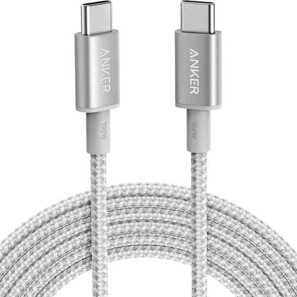 Anker USB-C to USB-C braided fast-charging cable, 100W, silver color, durable nylon design