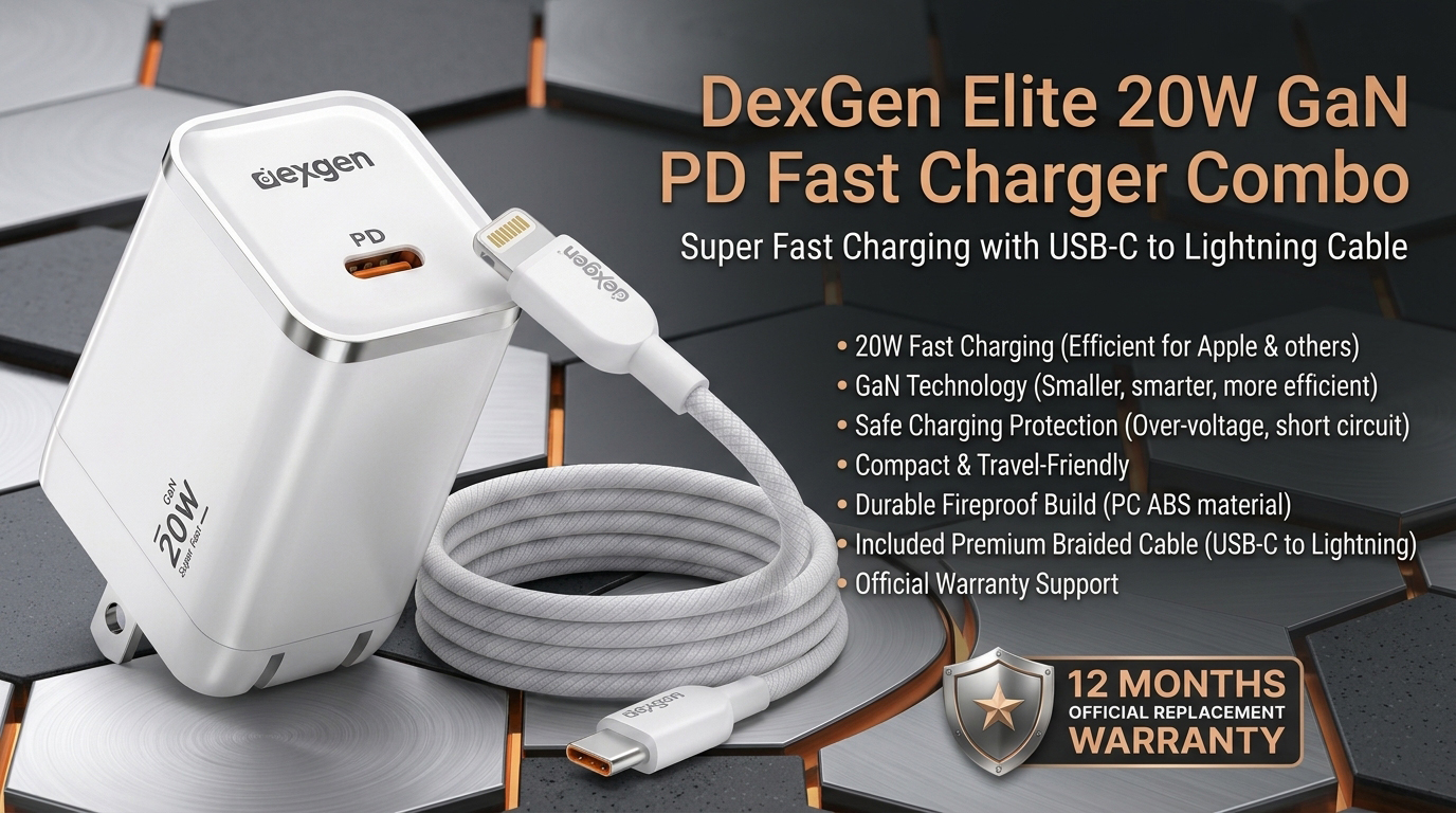 DexGen Elite 20W GaN PD Fast Charger Combo with USB-C to Lightning Cable Super Fast Charging