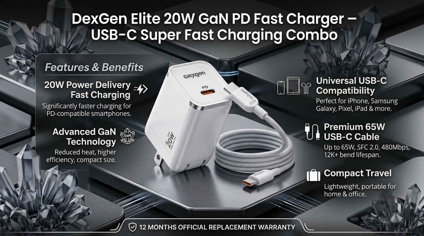 DexGen Elite 20W GaN PD Fast Charger – USB C Super Fast Charging Combo2 _ Deximpo International Limited DexGen Elite 20W GaN PD Fast Charger – USB-C Super Fast Charging Combo